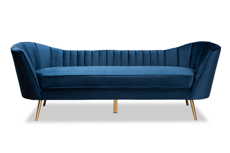 Mirna Glam and Luxe Navy Blue Velvet Fabric Upholstered and Gold Finished Sofa