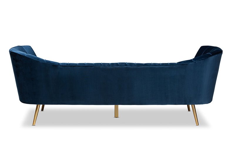 Mirna Glam and Luxe Navy Blue Velvet Fabric Upholstered and Gold Finished Sofa