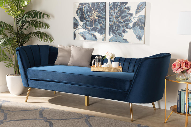 Mirna Glam and Luxe Navy Blue Velvet Fabric Upholstered and Gold Finished Sofa