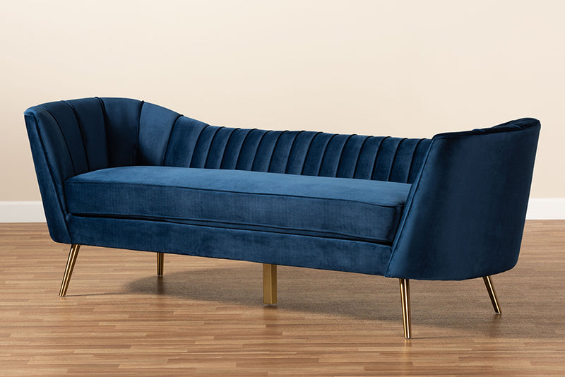 Mirna Glam and Luxe Navy Blue Velvet Fabric Upholstered and Gold Finished Sofa