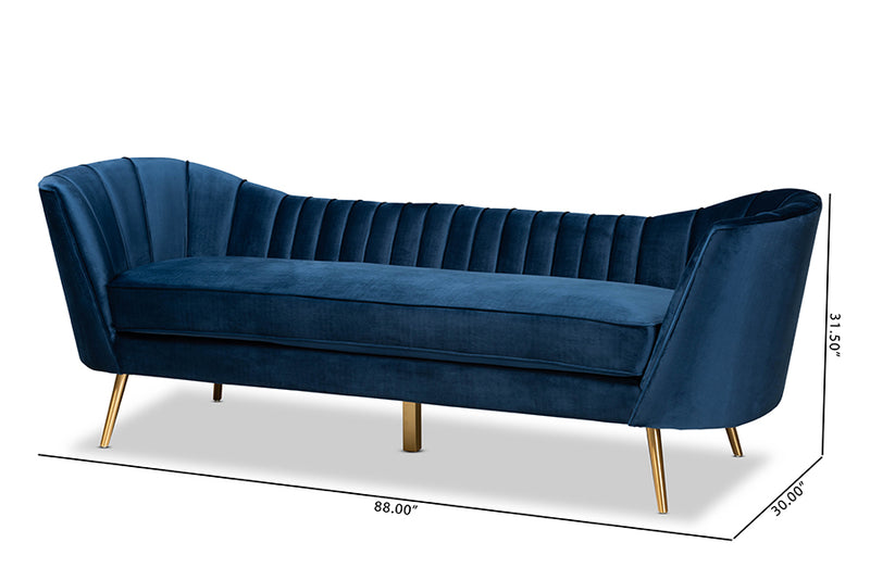 Mirna Glam and Luxe Navy Blue Velvet Fabric Upholstered and Gold Finished Sofa