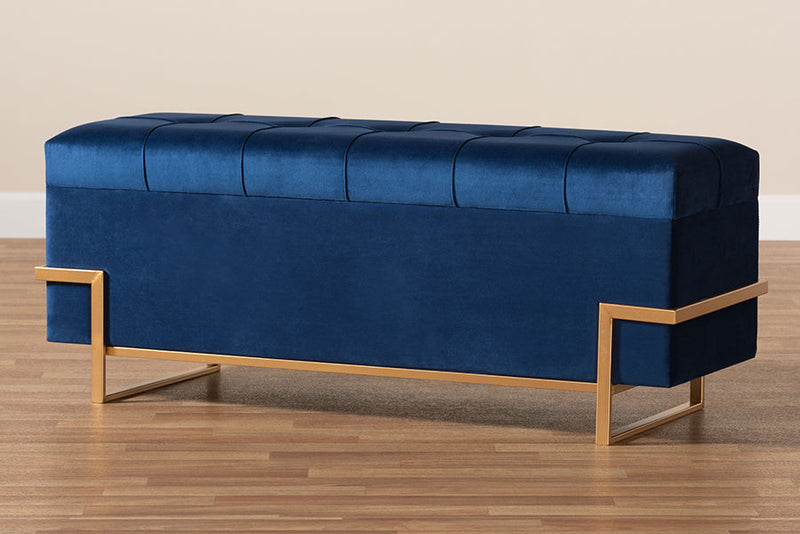 Norwin Navy Blue Velvet Upholstered and Gold Metal Finished Storage Ottoman Baxton