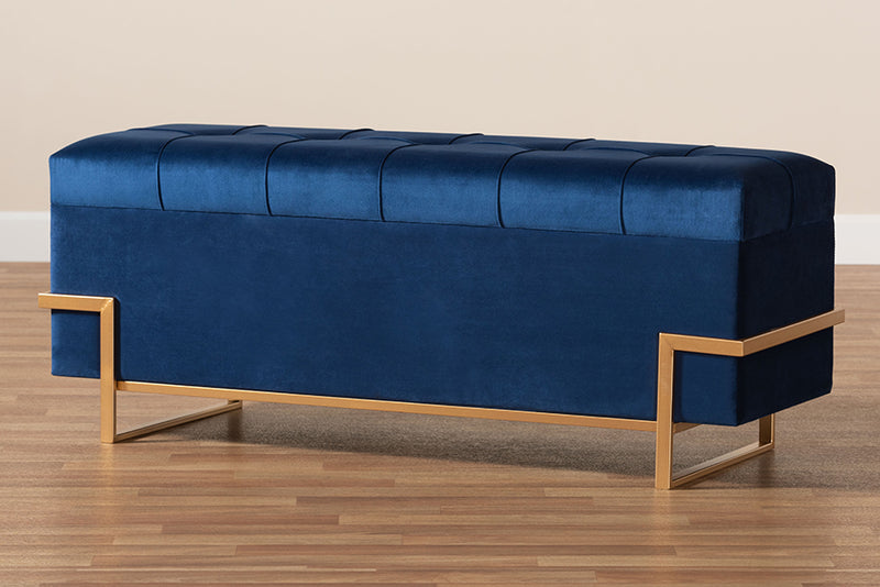 Norwin Glam and Luxe Navy Blue Velvet Upholstered and Gold Metal Finished Storage Ottoman