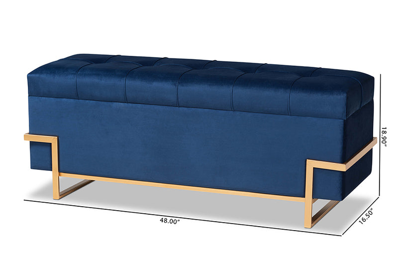 Norwin Glam and Luxe Navy Blue Velvet Upholstered and Gold Metal Finished Storage Ottoman