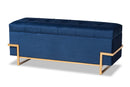Norwin Navy Blue Velvet Upholstered and Gold Metal Finished Storage Ottoman Baxton