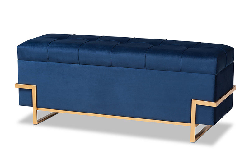 Norwin Glam and Luxe Navy Blue Velvet Upholstered and Gold Metal Finished Storage Ottoman