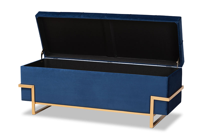 Norwin Glam and Luxe Navy Blue Velvet Upholstered and Gold Metal Finished Storage Ottoman