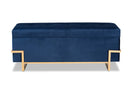 Norwin Navy Blue Velvet Upholstered and Gold Metal Finished Storage Ottoman Baxton