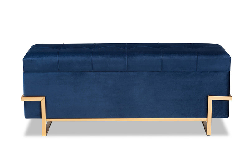 Norwin Glam and Luxe Navy Blue Velvet Upholstered and Gold Metal Finished Storage Ottoman