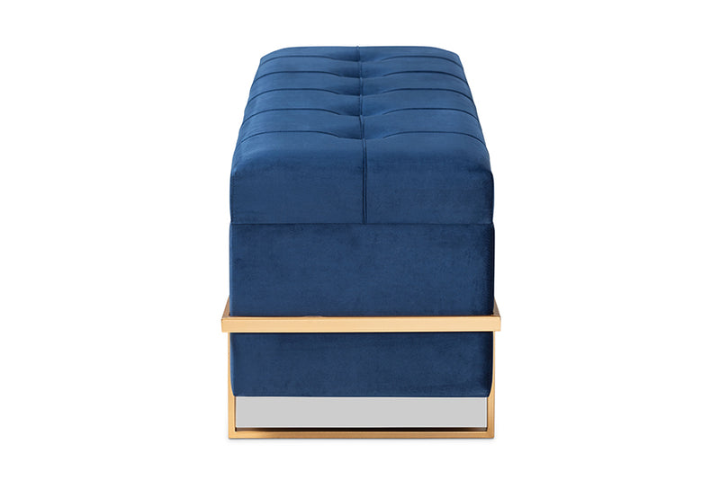 Norwin Glam and Luxe Navy Blue Velvet Upholstered and Gold Metal Finished Storage Ottoman