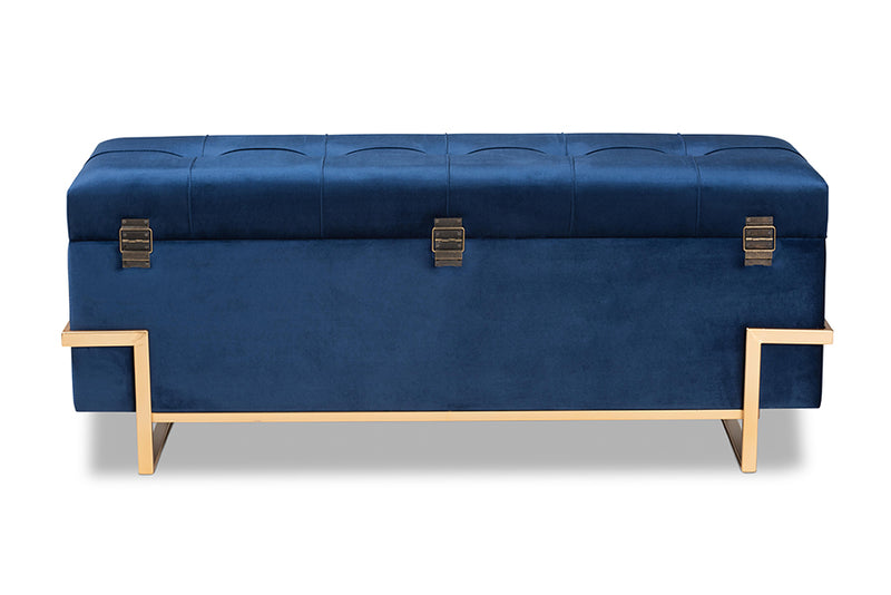 Norwin Glam and Luxe Navy Blue Velvet Upholstered and Gold Metal Finished Storage Ottoman