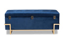 Norwin Navy Blue Velvet Upholstered and Gold Metal Finished Storage Ottoman Baxton