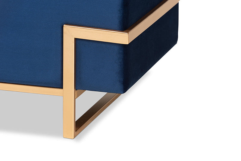 Norwin Navy Blue Velvet Upholstered and Gold Metal Finished Storage Ottoman Baxton