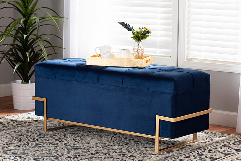 Norwin Glam and Luxe Navy Blue Velvet Upholstered and Gold Metal Finished Storage Ottoman 