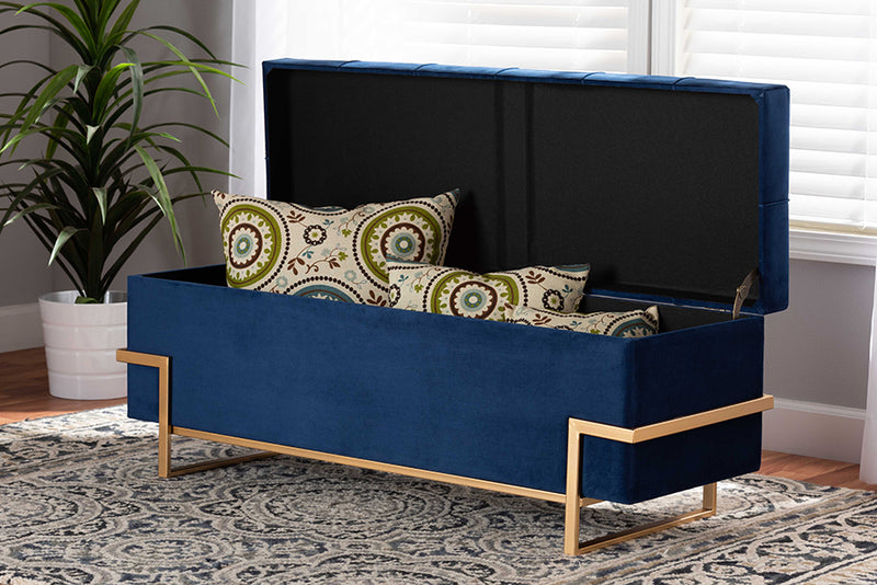 Norwin Glam and Luxe Navy Blue Velvet Upholstered and Gold Metal Finished Storage Ottoman