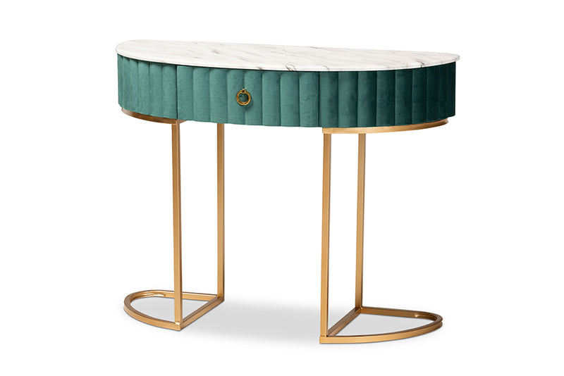 Nikolai Luxe and Glam Green Velvet Upholstered and Brushed Gold Finished 1-Drawer Console Table w/Faux Marble Tabletop