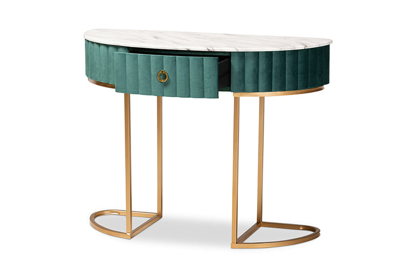 Nikolai Luxe and Glam Green Velvet Upholstered and Brushed Gold Finished 1-Drawer Console Table w/Faux Marble Tabletop