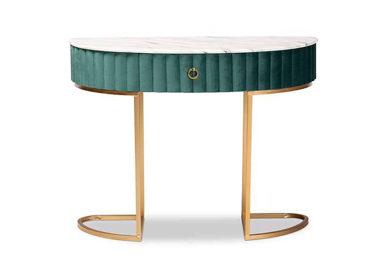 Nikolai Luxe and Glam Green Velvet Upholstered and Brushed Gold Finished 1-Drawer Console Table w/Faux Marble Tabletop