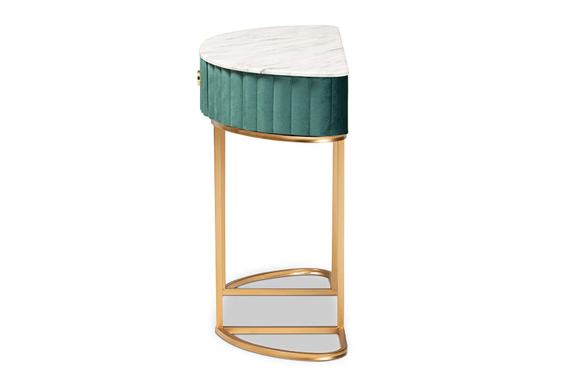 Nikolai Green Velvet Brushed Gold 1-Drawer Console Table w/Faux Marble top Baxton