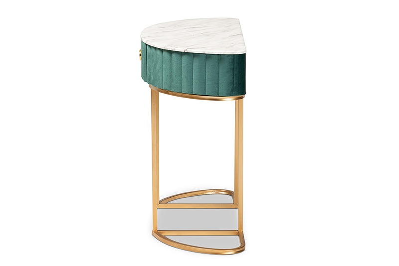 Nikolai Luxe and Glam Green Velvet Upholstered and Brushed Gold Finished 1-Drawer Console Table w/Faux Marble Tabletop