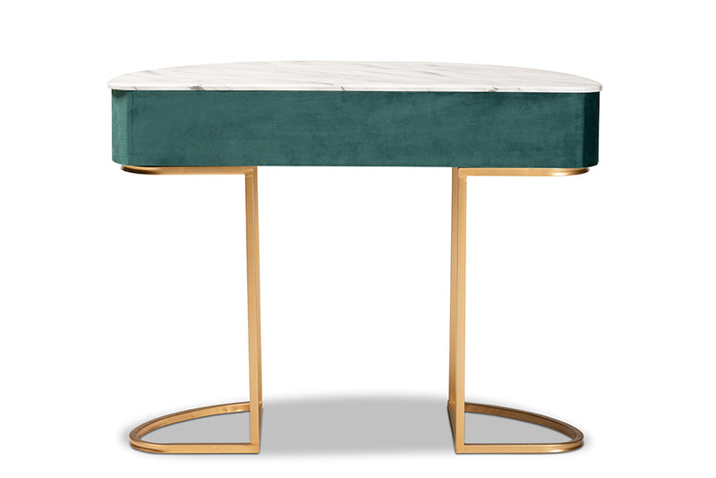 Nikolai Luxe and Glam Green Velvet Upholstered and Brushed Gold Finished 1-Drawer Console Table w/Faux Marble Tabletop