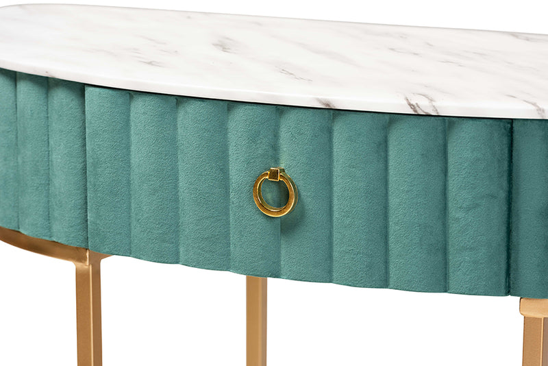 Nikolai Luxe and Glam Green Velvet Upholstered and Brushed Gold Finished 1-Drawer Console Table w/Faux Marble Tabletop