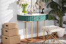 Nikolai Green Velvet Brushed Gold 1-Drawer Console Table w/Faux Marble top Baxton