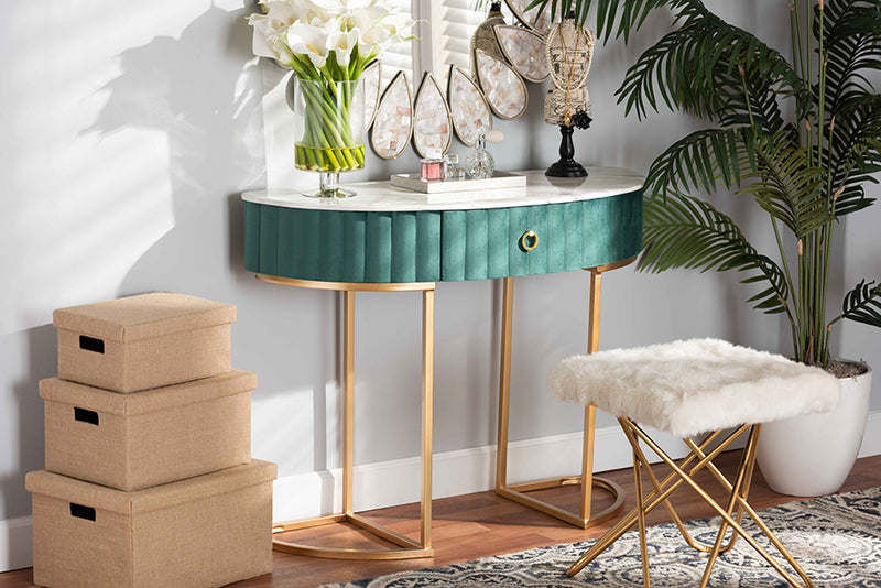 Nikolai Luxe and Glam Green Velvet Upholstered and Brushed Gold Finished 1-Drawer Console Table w/Faux Marble Tabletop