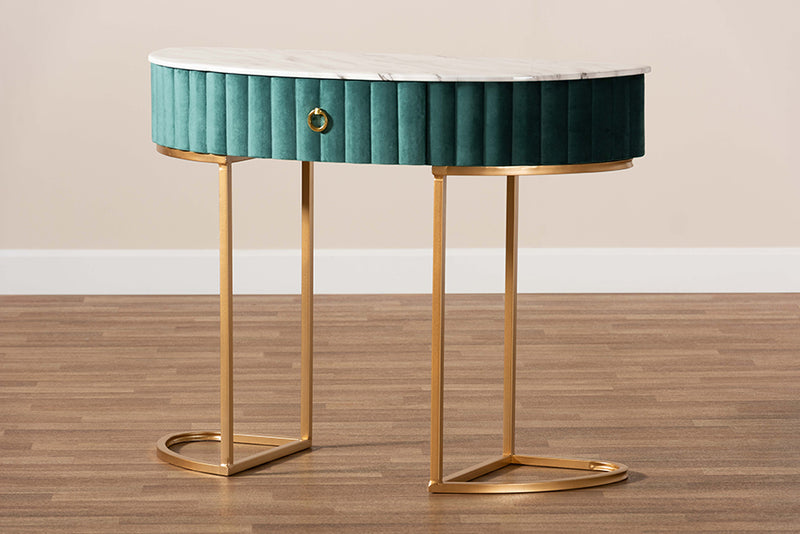 Nikolai Luxe and Glam Green Velvet Upholstered and Brushed Gold Finished 1-Drawer Console Table w/Faux Marble Tabletop