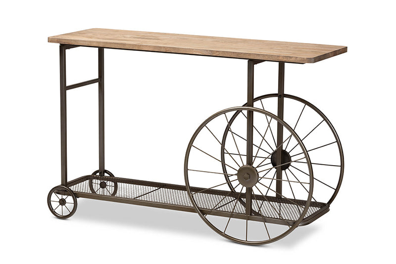 Palina Natural and Black Finished Metal Wheeled Console Table Baxton