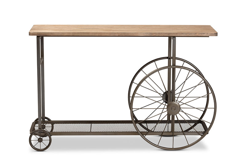Palina Natural and Black Finished Metal Wheeled Console Table Baxton