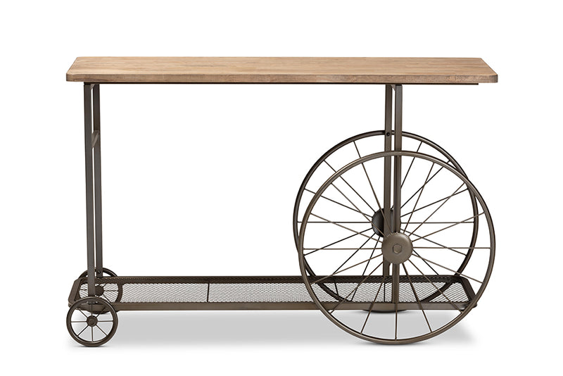 Palina Vintage Rustic Industrial Natural Finished Wood and Black Finished Metal Wheeled Console Table