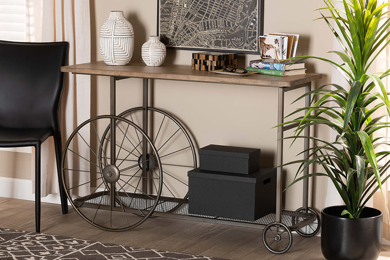 Palina Vintage Rustic Industrial Natural Finished Wood and Black Finished Metal Wheeled Console Table