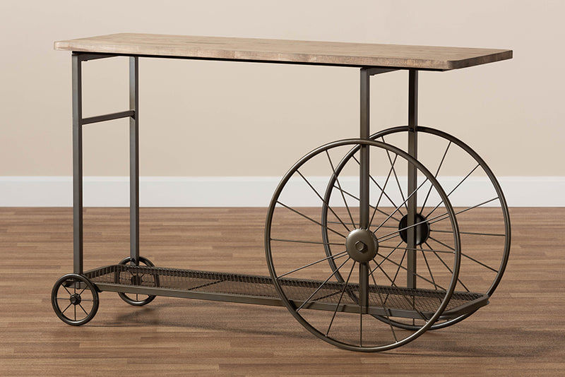 Palina Vintage Rustic Industrial Natural Finished Wood and Black Finished Metal Wheeled Console Table