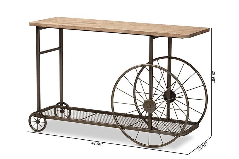 Palina Natural and Black Finished Metal Wheeled Console Table Baxton