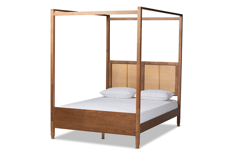 Moina Modern and Contemporary Walnut Brown Finished Wood and Synthetic Rattan King Size Canopy Bed