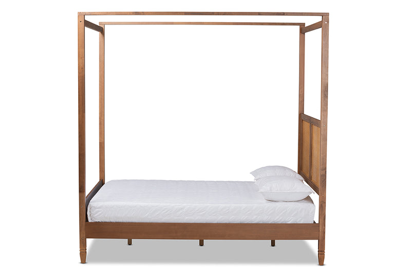 Moina Modern and Contemporary Walnut Brown Finished Wood and Synthetic Rattan King Size Canopy Bed