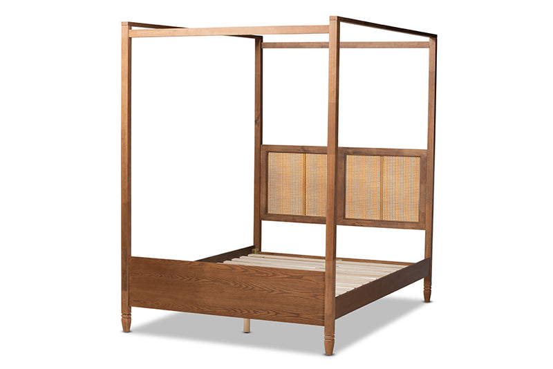 Moina Modern and Contemporary Walnut Brown Finished Wood and Synthetic Rattan King Size Canopy Bed