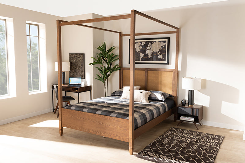 Moina Modern and Contemporary Walnut Brown Finished Wood and Synthetic Rattan King Size Canopy Bed