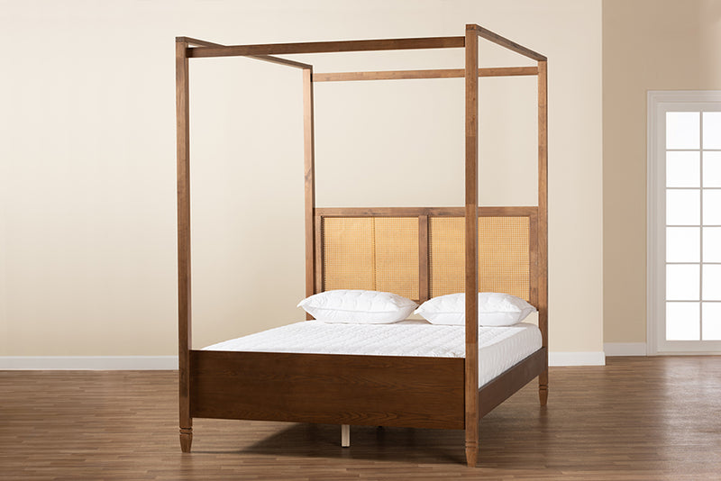 Moina Modern and Contemporary Walnut Brown Finished Wood and Synthetic Rattan King Size Canopy Bed