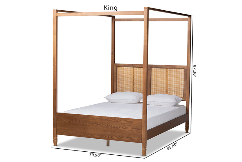 Moina Modern and Contemporary Walnut Brown Finished Wood and Synthetic Rattan King Size Canopy Bed