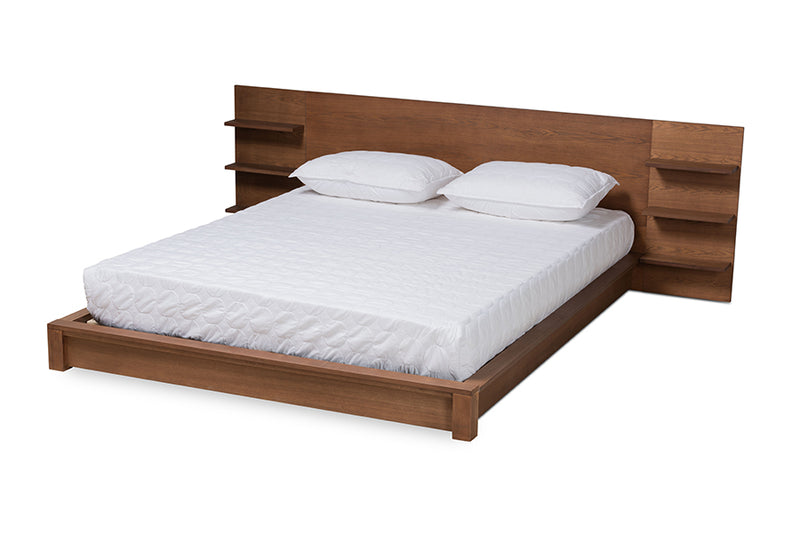 Adelino Modern and Contemporary Walnut Brown Finished Wood Queen Size Platform Storage Bed w/Shelves