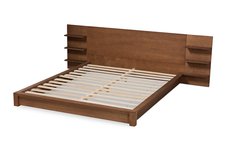 Adelino Walnut Brown King Size Platform Storage Bed w/Shelves Baxton
