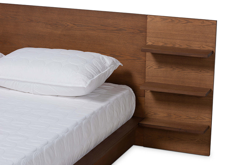 Adelino Modern and Contemporary Walnut Brown Finished Wood Queen Size Platform Storage Bed w/Shelves