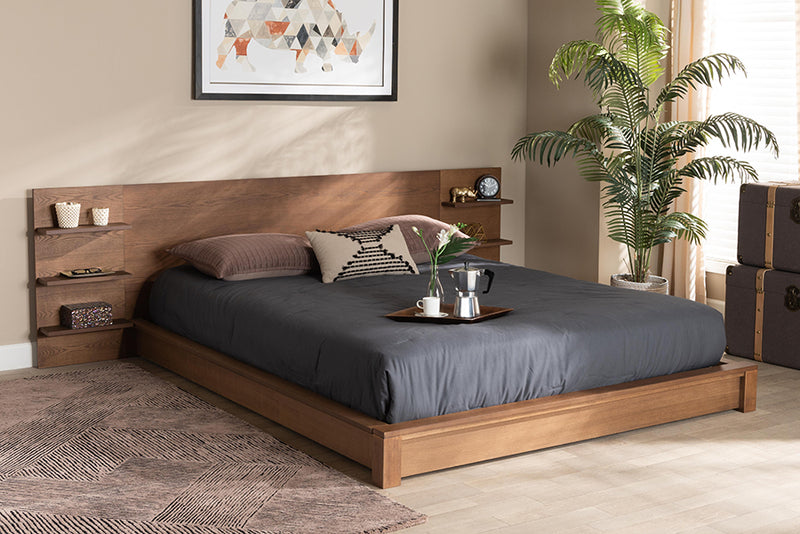 Adelino Modern and Contemporary Walnut Brown Finished Wood Queen Size Platform Storage Bed w/Shelves