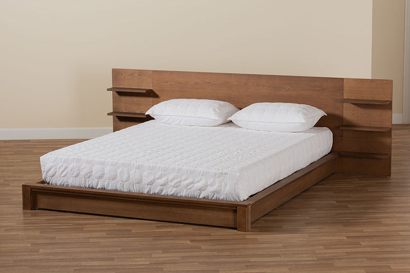 Adelino Walnut Brown Queen Size Platform Storage Bed w/Shelves Baxton
