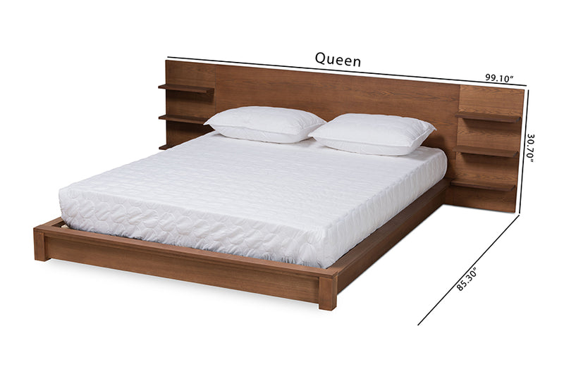 Adelino Modern and Contemporary Walnut Brown Finished Wood Queen Size Platform Storage Bed w/Shelves