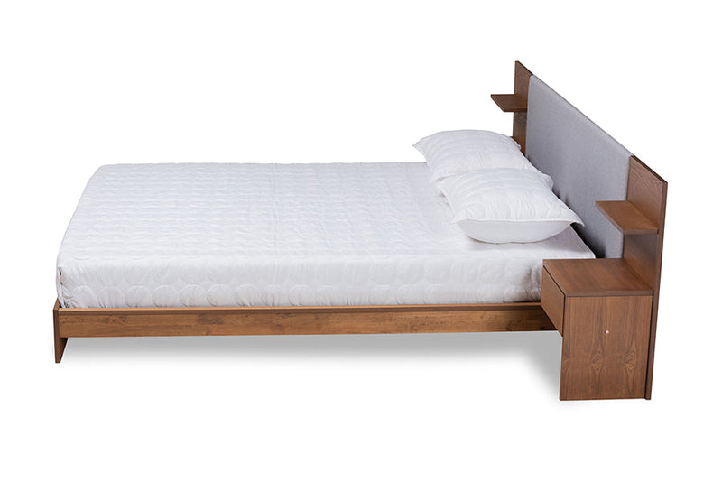Emele Light Gray Fabric Walnut Brown Queen Storage Bed w/Built-In Nightstands Baxton