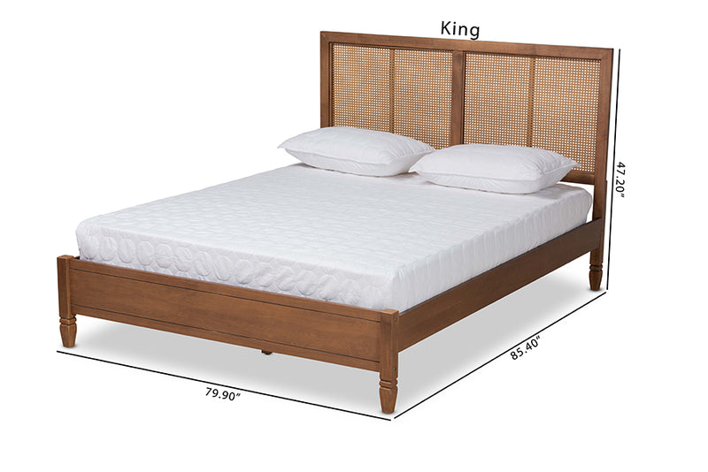 Pandora Mid-Century Modern Walnut Brown Finished Wood and Synthetic Rattan King Size Platform Bed