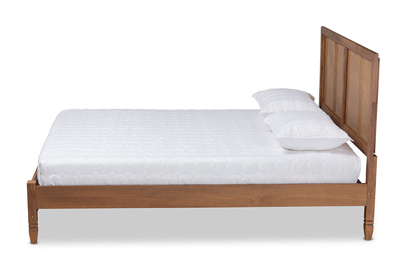 Pandora Walnut Brown and Synthetic Rattan King Size Platform Bed Baxton